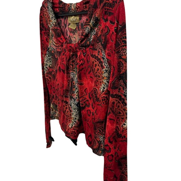 Peck & Peck Weekend Womens Sz M Long Sleeve Red Paisley Animal Print Top Elegant - Picture 3 of 10